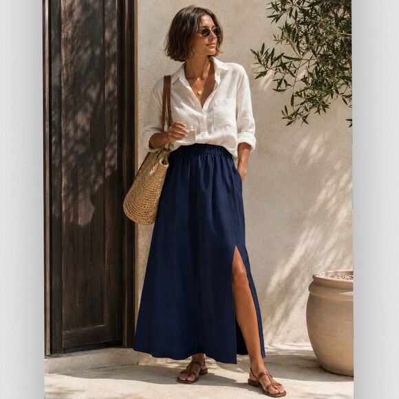Quince Dresses & Skirts - Quince 100% European Linen Maxi Skirt Deep Navy XS Side Slit Pockets Coastal